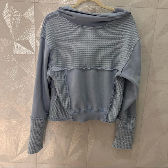 We The Free People Hazel Cardi Jacket Womens Large Sea Blue Waffle Knit Zip Up - Picture 6 of 9